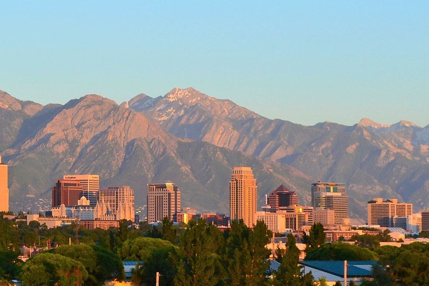 Salt Lake City skyline in front of the Wasatch Range